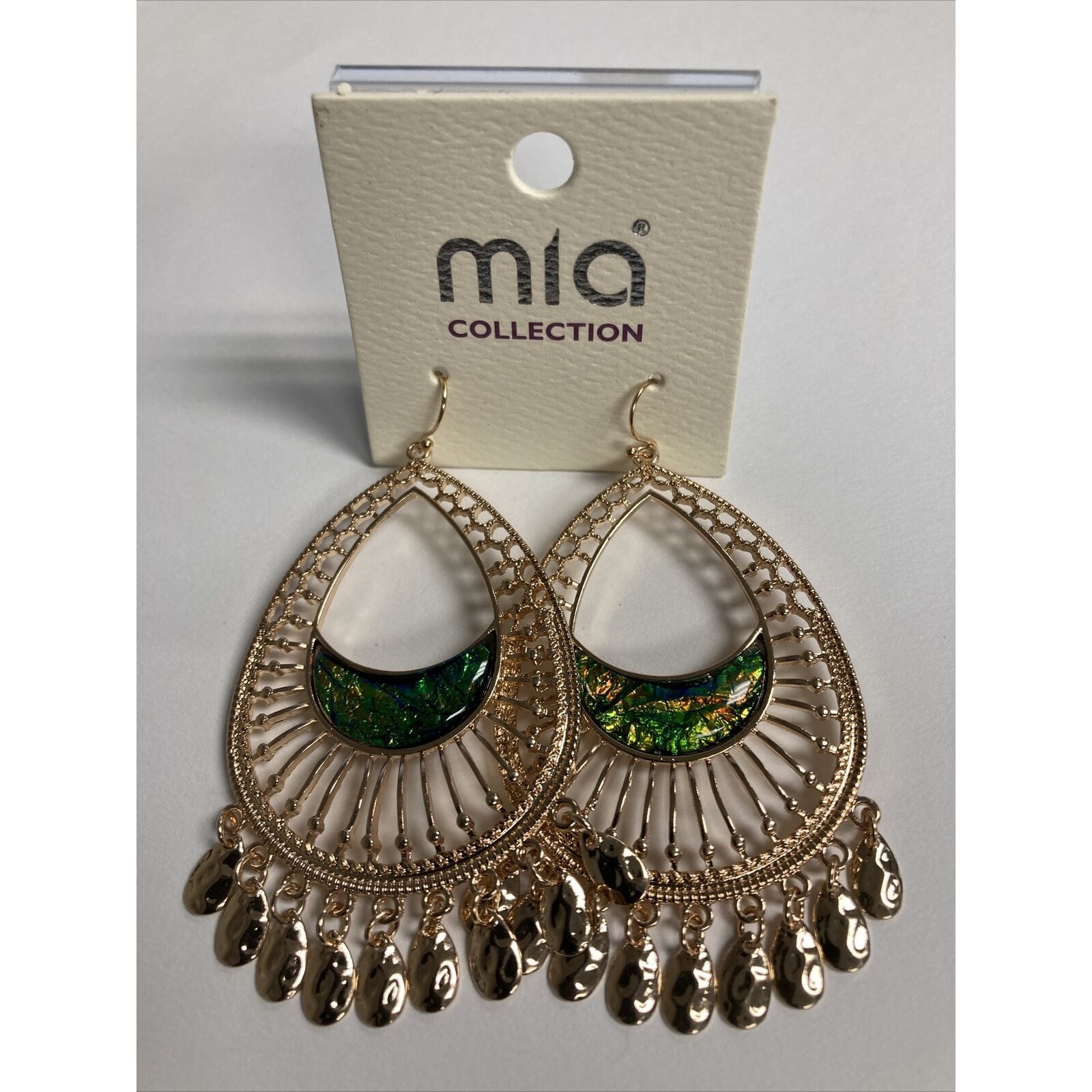 Mia Collection Earrings Gold Tone Large Drop With Green Insert And Charms
